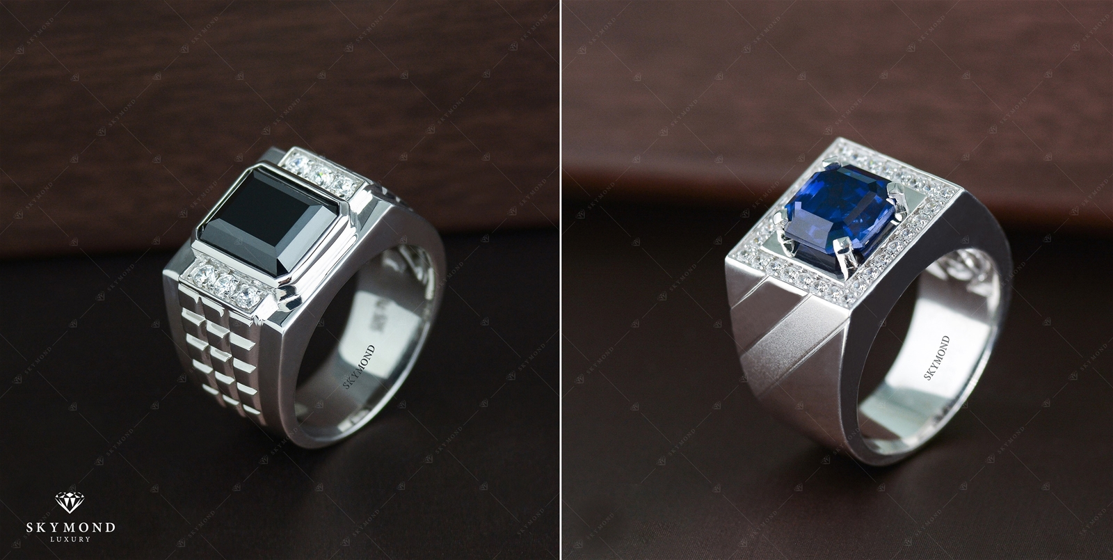 Nhẫn nam phong thủy đá quý Sapphire đen và xanh lá cây