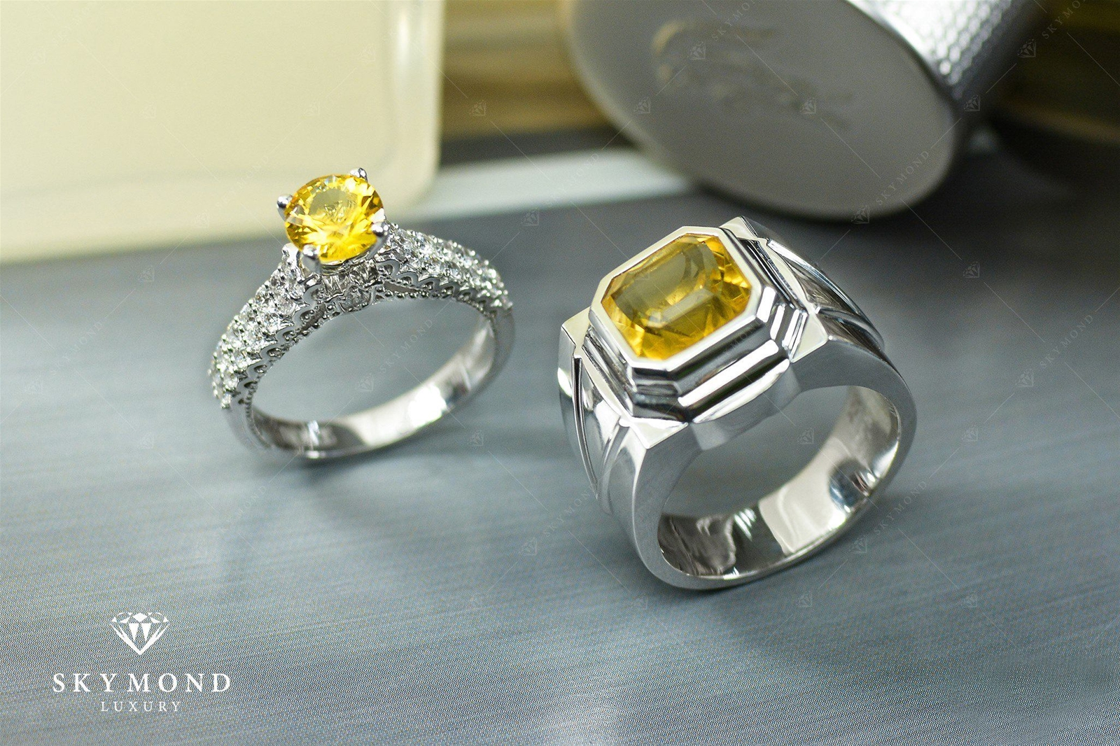 Nhẫn cặp Platin gắn đá quý Citrine