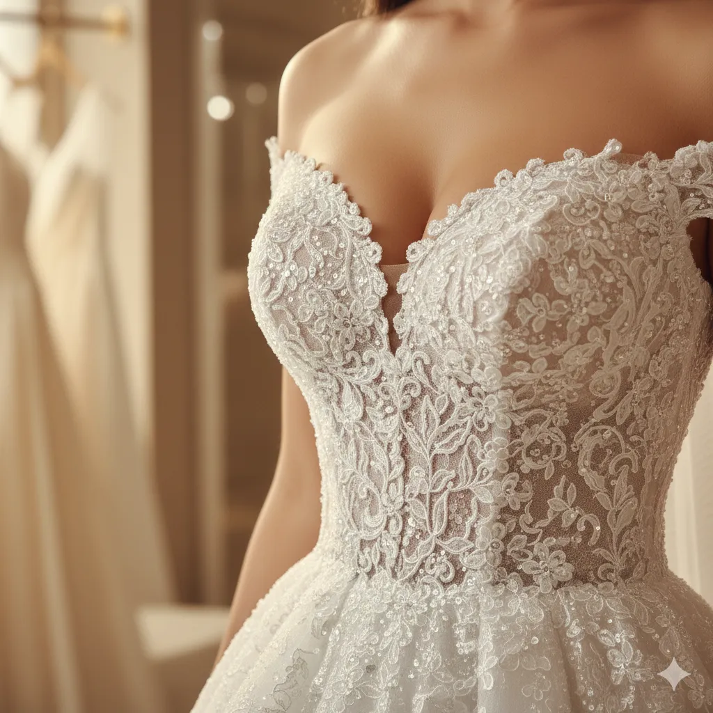 váy cưới cổ trễ vai